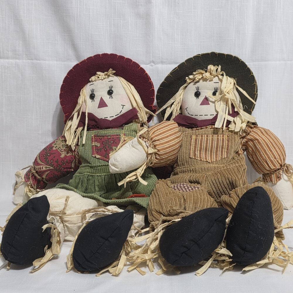 Primitive Raggedy Ann & Andy Scarecrow Dolls Pair 18" Fall Harvest Farmhouse Dec